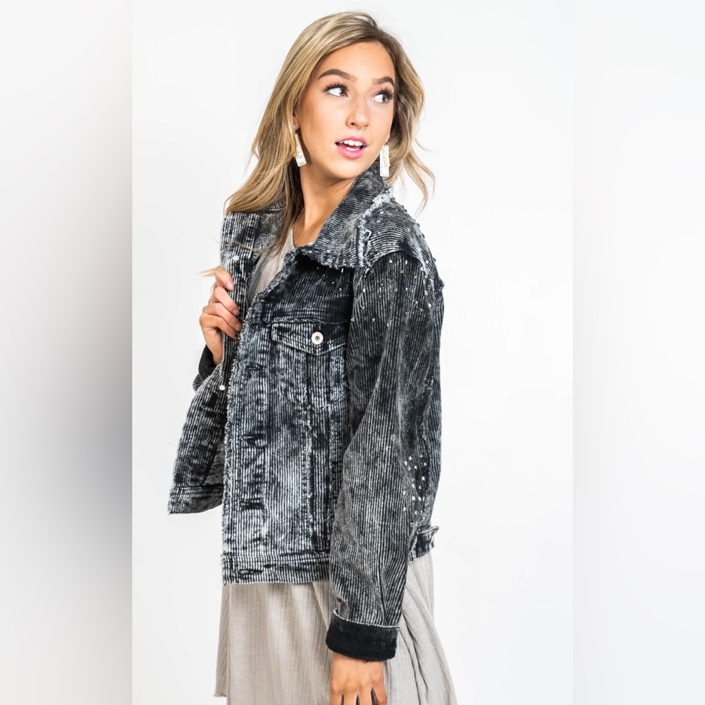 Charcoal Corduroy Denim Jacket with Studs Size Small